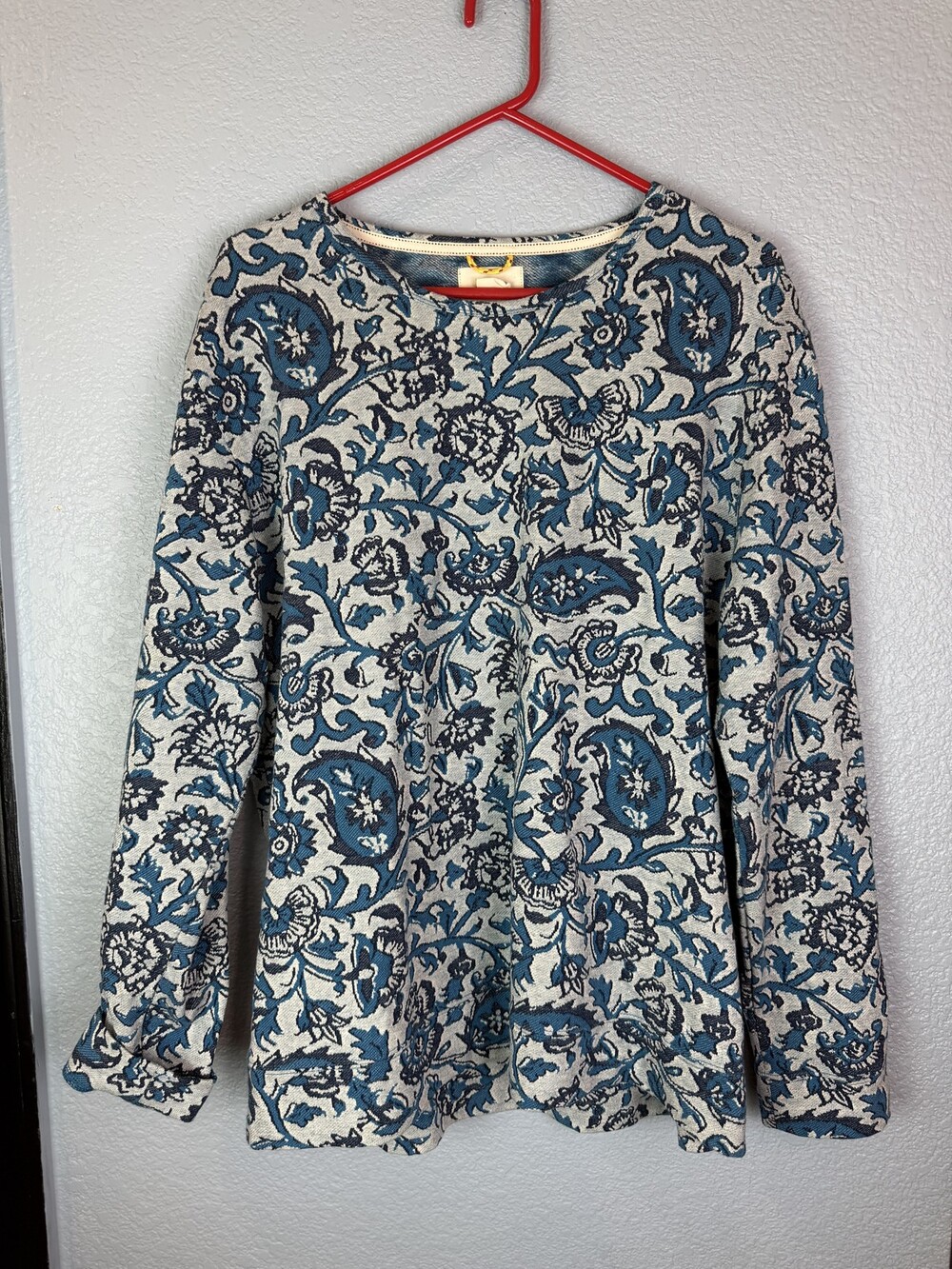 Koto Sweater Womens Large Blue Gray Floral Paisley Pullover 100% Cotton Crewneck